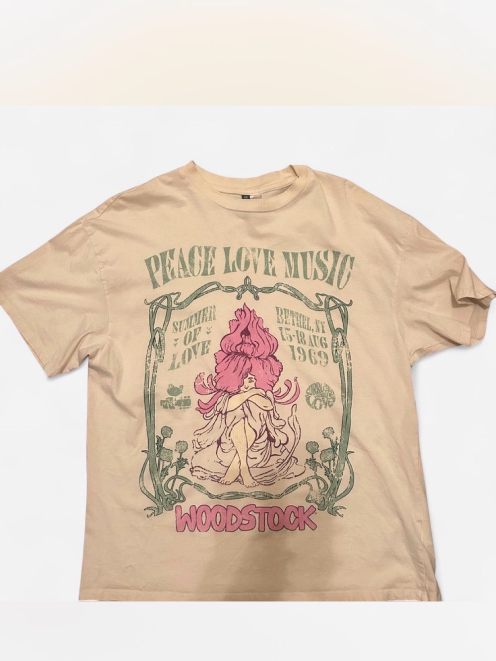 H&M Woodstock Beige Graphic 'Peace Love Music' Tee with Pink Artwork